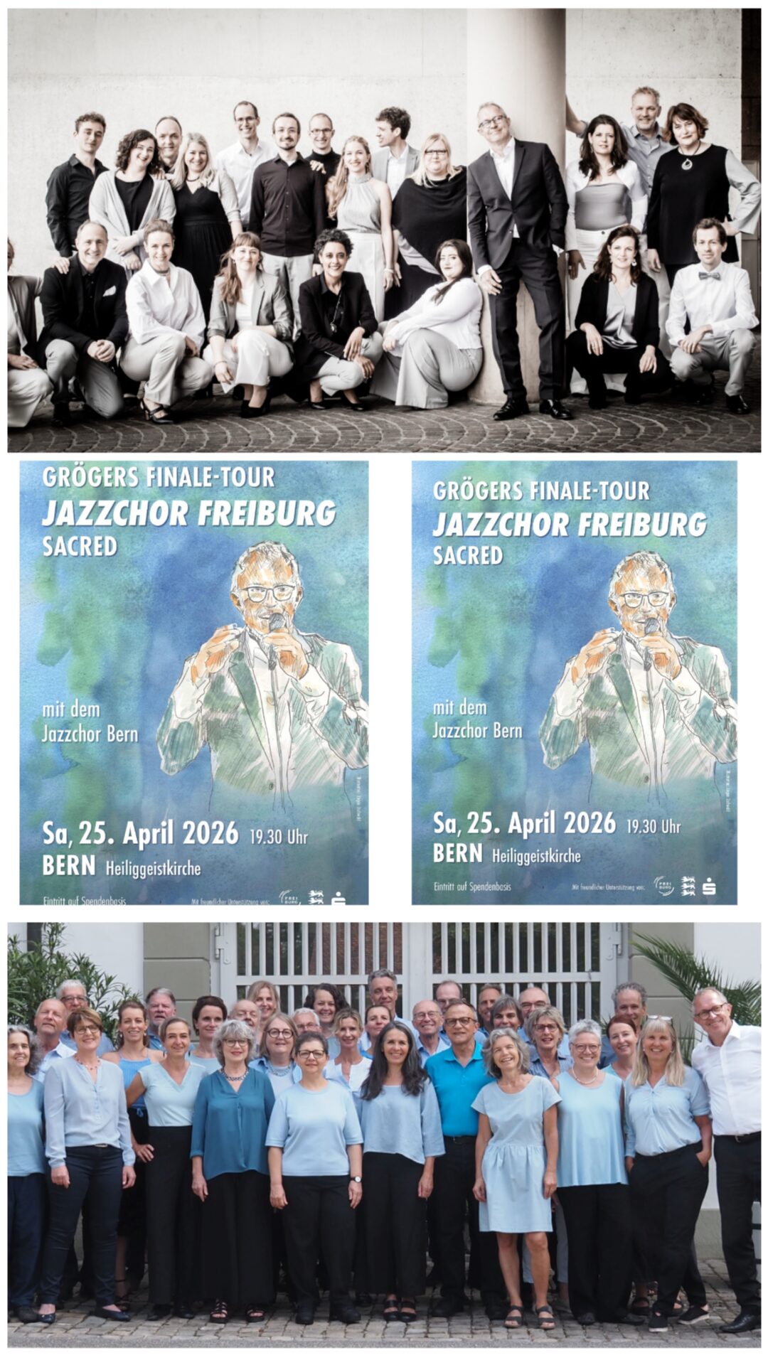 Der Jazzchor Freiburg und der Jazzchor Bern stehen mit ihrem Chorleiter Bertrand Gröger. Dazu die Ankündigung des Konzertes am 25. April 19:30h in der Heiliggeistkirche Bern